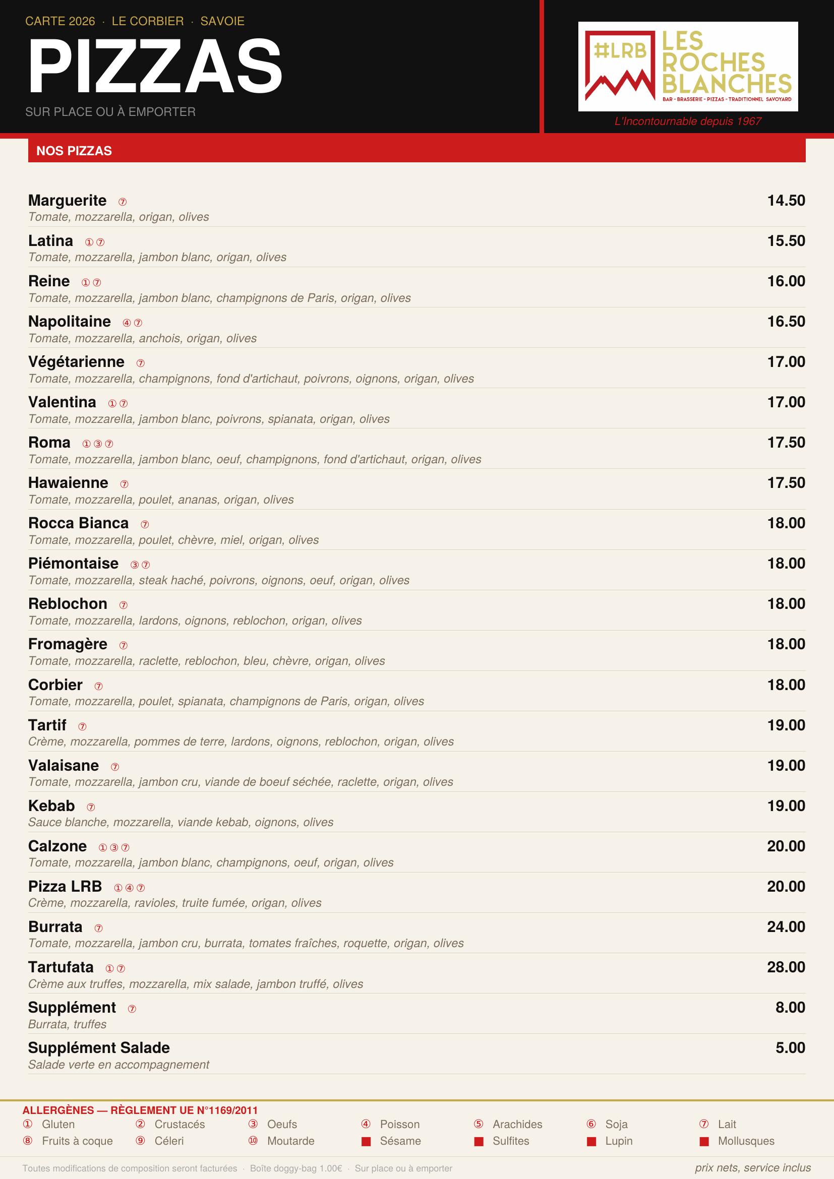 Carte pizza Les Roches Blanches